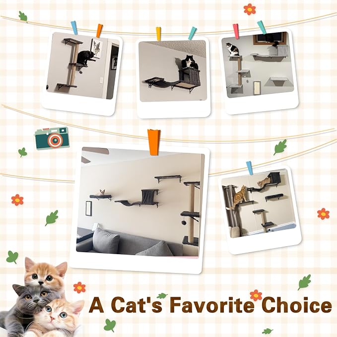 6-in-1 Cat Wall Shelves for Indoor Cats, Wall Mounted Furniture with Bed, Cave, Perch & Scratching Post, Multi-Level Climbing System, Space-Saving Playground, Natural Wood Gray