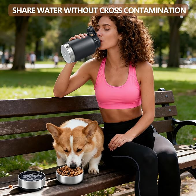 Cibaabo Insulated Dog Water Bottle with 2 Bowls, 32oz Travel Stainless Steel Double Wall Thermos, Portable Pet Dispenser, Gifts for Puppy Small Medium Dogs Walking Hiking and Camping