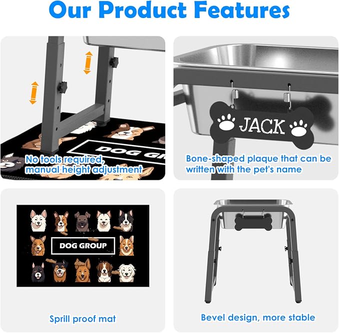 1.2 Gallon Elevated Dog Water Bowl, Height Adjustable (10.4–15.2'') Raised Stainless Steel Bowl with Spill-Proof Mat & Sturdy Metal Stand, Tip-Proof, Easy to Clean, Indoor & Outdoor Use