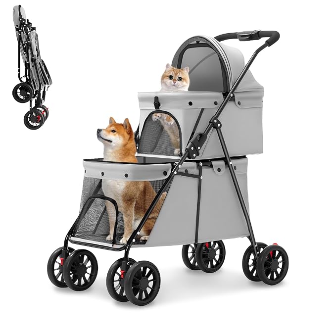 Double Pet Stroller for Medium Small Dogs and Cats with 2 Carriage, Durable Universal Wheels with Brakes Lightweight One Hand Foldale Kittens Puppies Travel Strolling Cart (Gray)