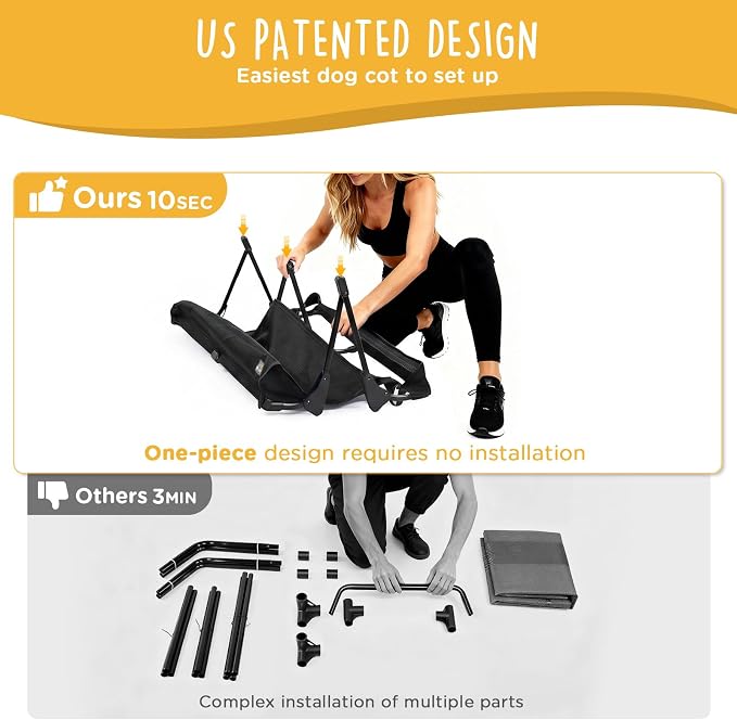 Upgraded Non-Slip Daisy Cot, Large Foldable Elevated Dog Bed, Portable Raised Outdoor Folding Dog Cot for Camping/Home, Chew Proof Waterproof Heavy Duty Up to 160 Lbs, Black, 43"x27"