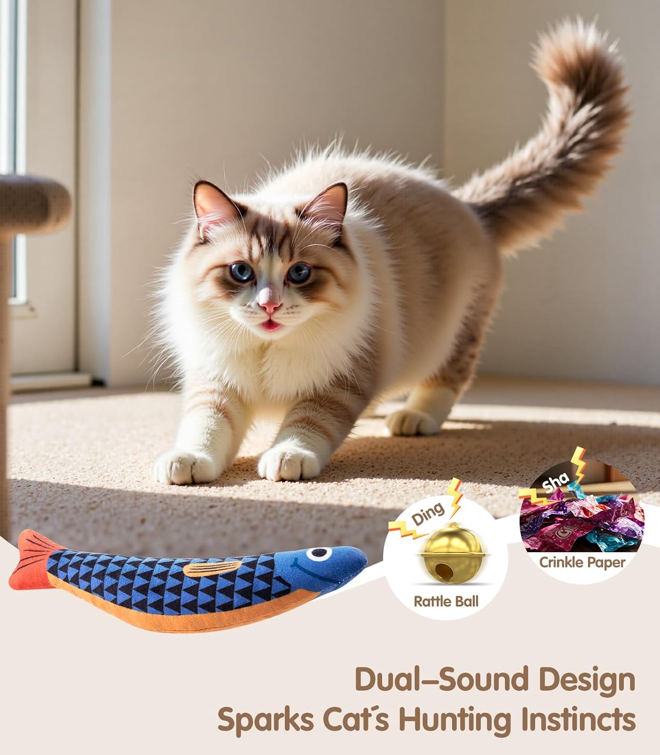 Interactive Cat Toys with [5000mg A+ Natural Catnip &Silvervine] [Baby Grade] Soft Chew Kicker Cat Toys for Indoor Cats & Kittens, Crinkle &Bell Fish Sound Toy, Drives Bored Cats Crazy with Fun,2 Pack