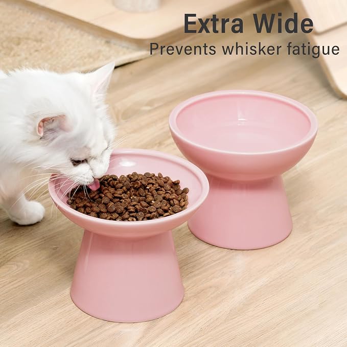 CEEFU 2 Elevated Cat Bowls Extra Wide for Food & Water – Whisker Fatigue, Ceramic Wide Shallow Food Dish, Lead & Cadmium Free, Raised Height for Cats, Pink