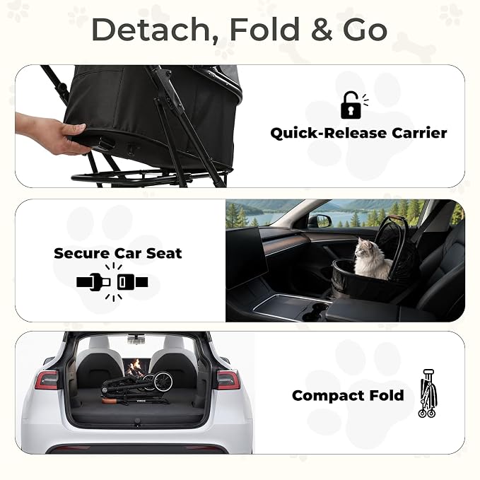 Pet Stroller for Cats and Small Dogs, Cat Strollers for 2 Cats with Detachable Carrier, Safety Leashes, Ventilated, Foldable,Pet Car Seat, All-Terrain Wheels, Storage Basket & Cup Holder, Black
