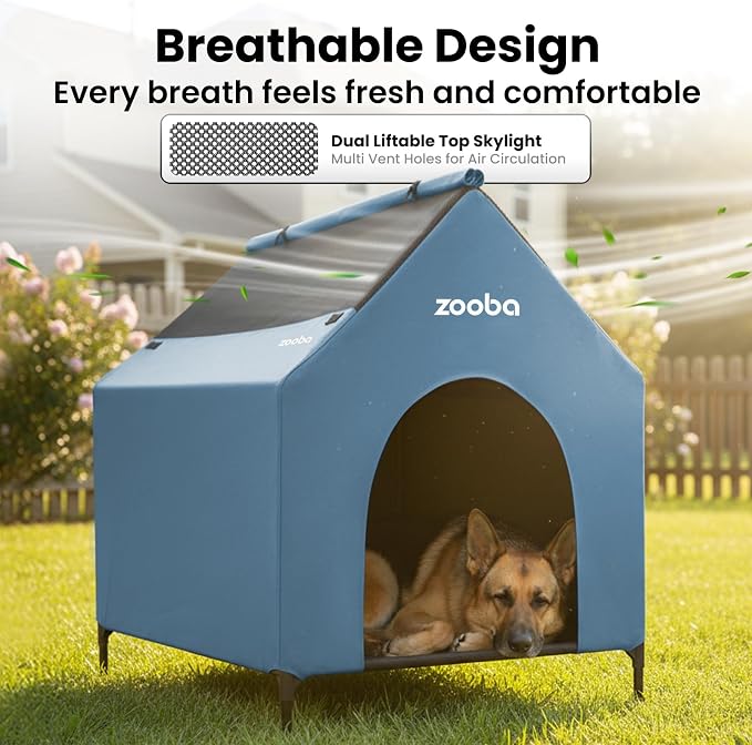 Zooba 29in Medium Dog House Outdoor, Elevated Dog Bed with Canopy, Blue | Weather-resistant 600D PVC canopy, breathable 2x1 Textilene elevated bed, steel frame; indoor or outdoor; easy to clean