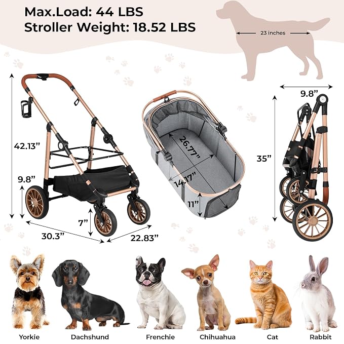 MAMIZO Pet Stroller for Medium Dogs Up to 44 lbs with Detachable Carrier | All-Terrain 3-in-1 Dog Stroller for Senior Dogs & Cats with Rubber Wheels, One-Click Folding, Storage Basket & Cup Holder