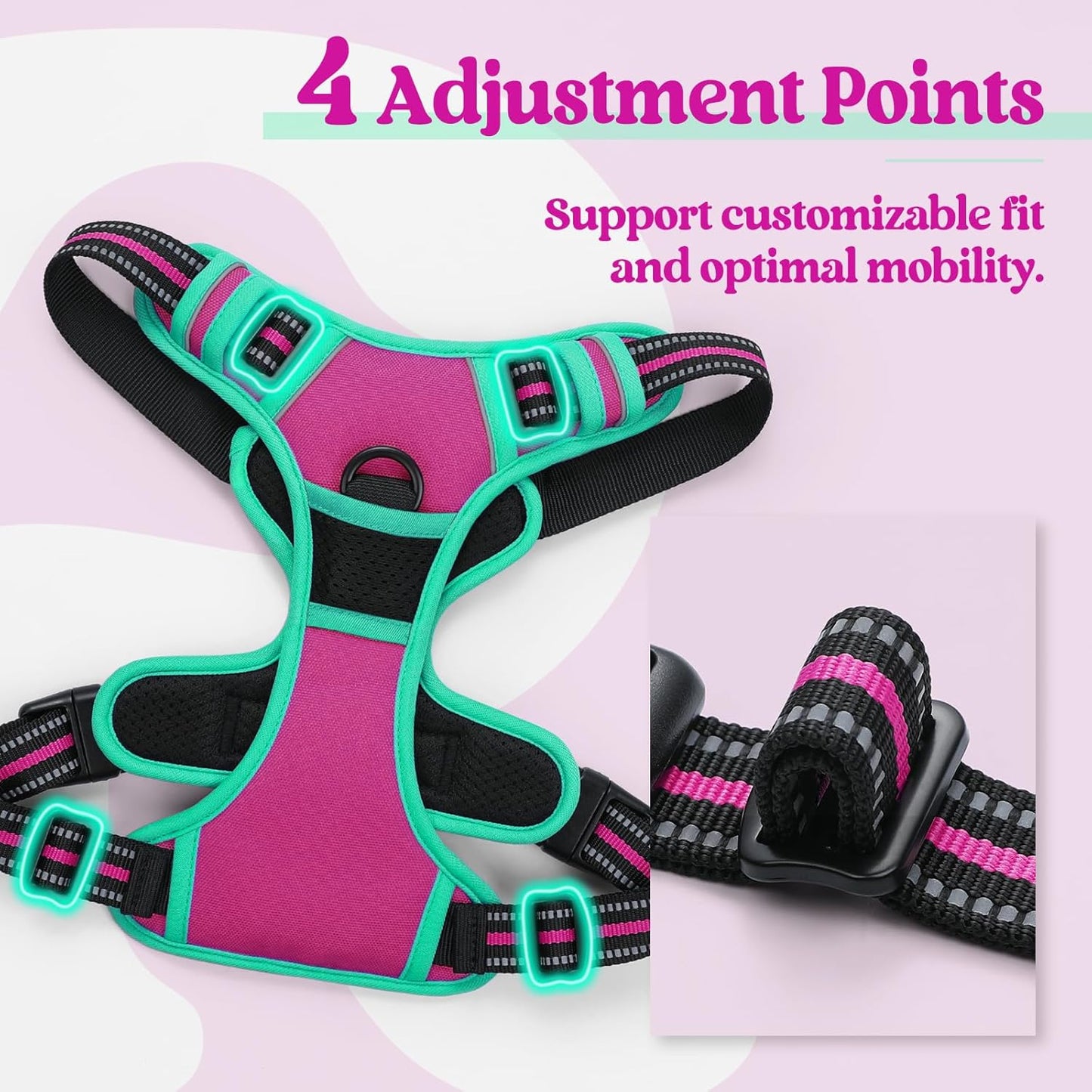 rabbitgoo Dog Harness No Pull with 2 Leash Clips, Adjustable Soft Padded, Reflective Oxford No Choke Pet Vest with Easy Control Handle for Large Dogs, Hot Pink & Turquoise, M