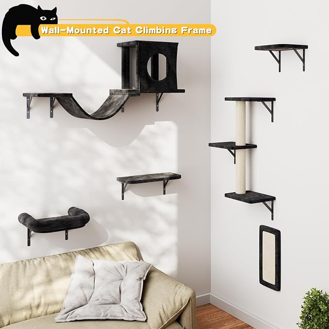 12-in-1 Cat Wall Shelves, Luxury Wall-Mounted Cat Climber Set with Condos House, Scratching Post, Bridge Ladder, Indoor Space-Saving Furniture for Kittens, Black