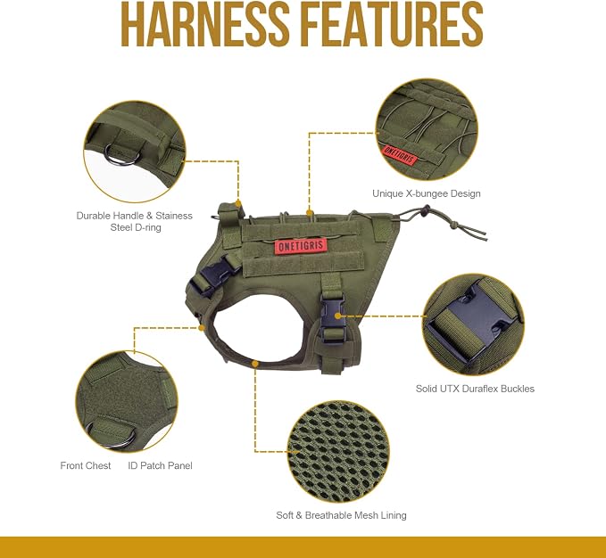 OneTigris Tactical Dog Harness with Handle No-Pull Adjustable for Small Dog | Military 1000D Pullable Nylon, Service Dog Vest with Hook & Loop Panels, Easy On & Off for Walking Hiking Training Green XXS