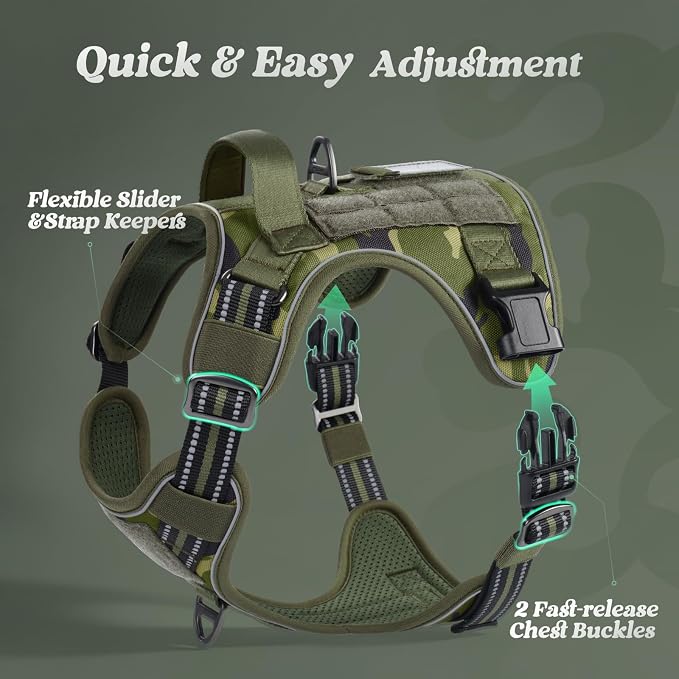 rabbitgoo Tactical Dog Harness Medium Sized, No Pull Service Pet Vest | Military Molle System & Easy Control Handle, Adjustable and Reflective for Walking and Training, Green Camo, Medium