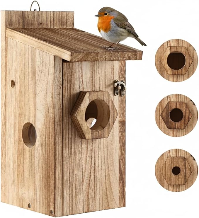 Bird House for Outside –Hanging Birdhouse for Bluebird Finch Swallow Wren Chickadee, Decorative Outdoor Bird Nesting Box with 3 Size Holes, Assembly Required (2)