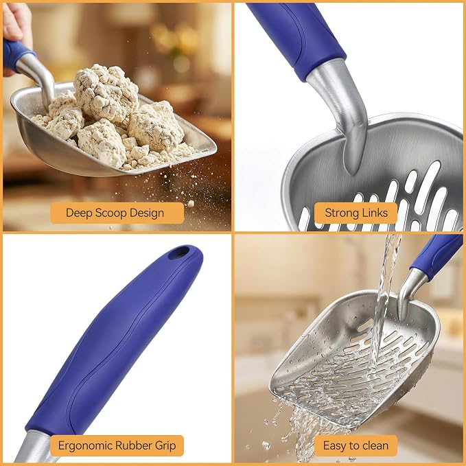Cat Litter Scoop, Large Long Handle Kitty Metal Scooper | Heavy Duty Aluminum Deep Sifter, Ergonomic Non-Slip Grip, Rustproof Durable Poop Cleaner for Cat Litter Box