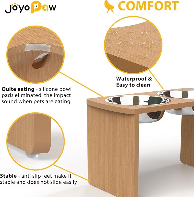 Elevated Dog Bowls, Waterproof Raised Dog Bowl for Medium & Large Dogs, HIPS Poly Lumber Stand with 2 Stainless Steel Bowls (HIPS Poly Lumber, Teak-Color)