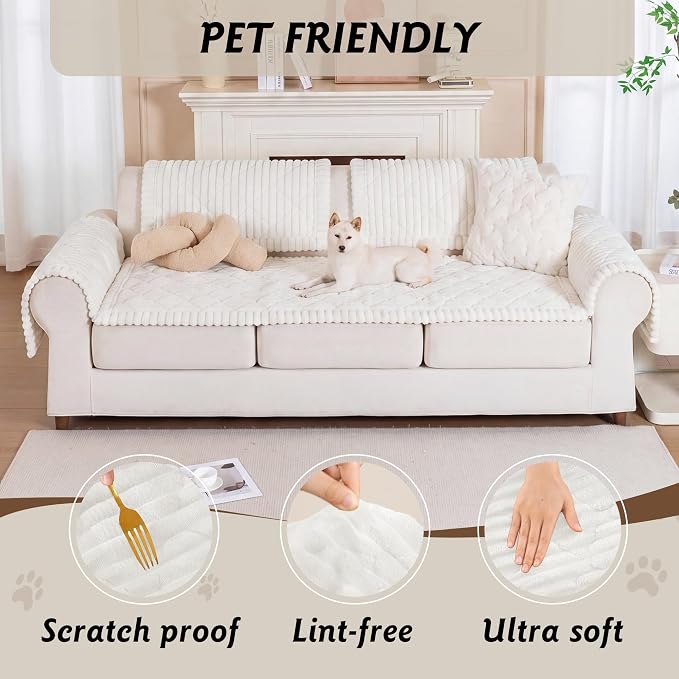 PuTian 100% Waterproof Fuzzy Couch Cover for Dogs White 27.6"x27.6" | Pet Friendly Dog Mat for Couch, Waterproof Sofa Protector, Scratch Resistant Furniture Cover for Dogs, Machine Washable