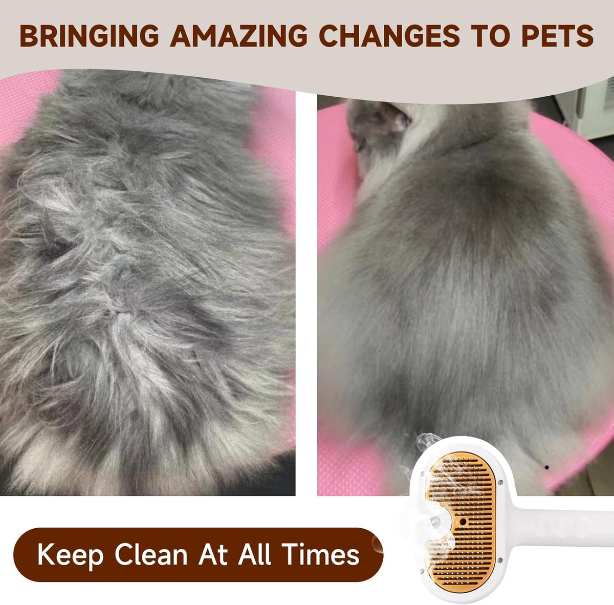 Pet Steam Brush for Dog & Cat – 3-in-1 Spray Hair Removal Comb – Steam for Shedding & Grooming – Water Brush for Long & Short Haired Pets – Spritz Defur Comb – Includes 2*Waterless Shampoo