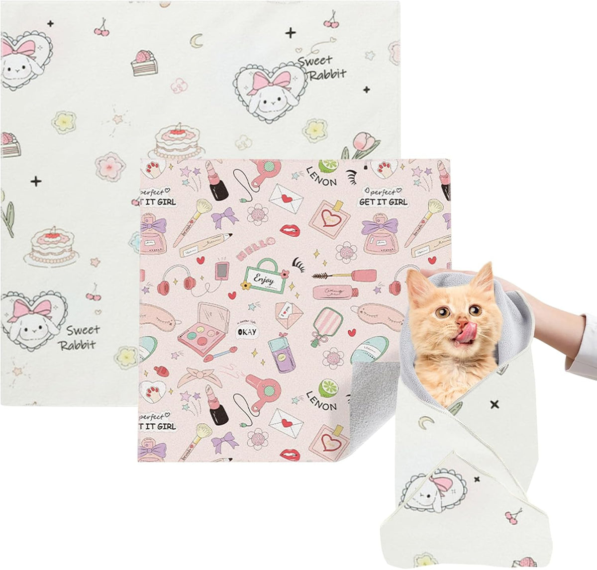 Cat Grooming Wrap, 2pcs [L+XL] Cat Restraint Wrap for Nail Clipping, Ear Cleaning, and Teeth Brushing, Self-Adherent, Anti-Bite, Anti-Scratch, Anti Scratch, Rabbit + Make-up
