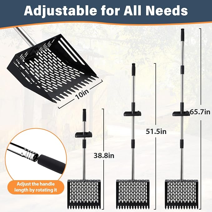 Linidcoud Chicken Poop Scooper, 10 Inch Metal Long Handle Chicken Coop Sand Pooper Scooper & Rake Adjustable Length, Durable Dog Pooper Scooper for Yard Farm Coop Accessories(Black)