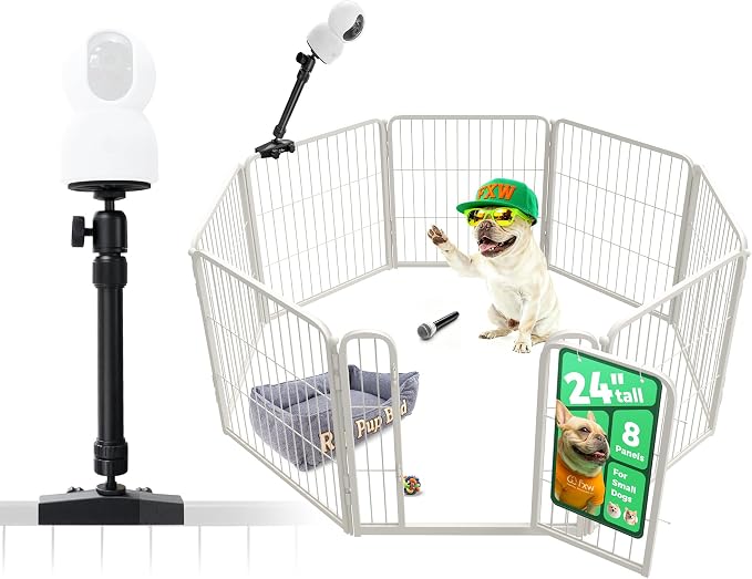 FXW Homeplus Indoor Dog Playpen with Camera Mount, 24" H, 8 Panels | Calm Indoor Play Area, Wider Viewing Angles with Stable Support, for Puppies & Small Dogs, Patented