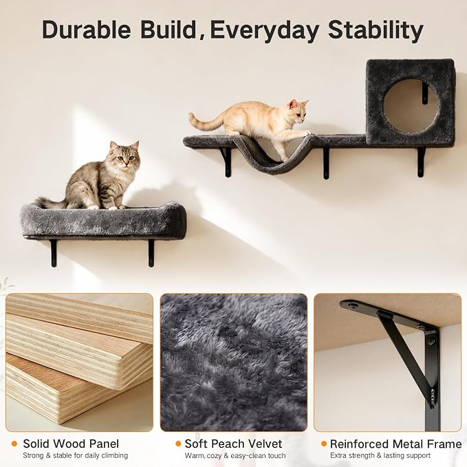 5-in-1 Cat Wall Shelves for Indoor Cats, Wall Mounted Cat Furniture Set with Bed, Perch, Hideaway Condo, Scratching Post & Scratcher, Cat Climbing Wall Playground, Space Saving Design, Black