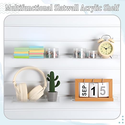 Yalikop 4 Pcs Slatwall Shelves Clear Acrylic Slatwall Shelves Organizer Wall Mounted Hanging Accessories Plastic Panel Display Shelf for Retail Store Boutique Garage Home(No Fence Style,10 x 4 Inch)