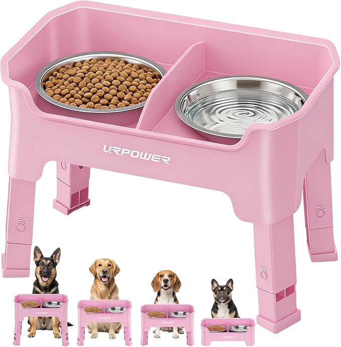 URPOWER Mess Proof Elevated Dog Bowls, Splash Guard Raised Bowl Stand | 4 Adjustable Heights, 2 Stainless Steel Bowls, Food & Water Separation, Foldable Design Non-Slip for Small Medium Large Dogs