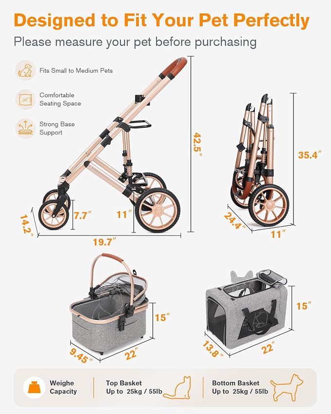 HOVONO Double Dog Stroller for 2 Small & Medium Dogs/Cats Up to 60 lbs | 3-in-1 Pet Stroller with Detachable Carrier, Lightweight Aluminum Alloy, Foldable Frame, Rubber Wheels with Suspension