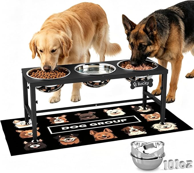 Extra Large Elevated Dog Bowls, 4 Adjustable Height with Three 101oz/3000ml Large Stainless Steel Bowls and Splash pad, Raised Dog Bowl Stand for Large and Extra Large Breeds