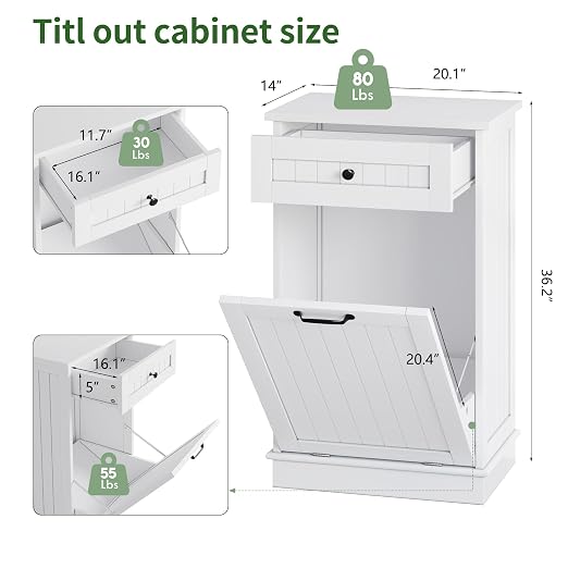 10 Gallon Tilt Out Trash Can Cabinet with Drawer, Hidden Trash Can, White | Cabinet with Drawers for Kitchen, Bathroom and Laundry Room
