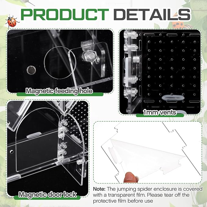 Weysat Jumping Spider Enclosure 11.2" x 4.7" x 8" Acrylic Tarantula Enclosure Castle Style Insect Terrarium with Magnetic Door Transparent Terrarium for Reptiles, Amphibians and Spiders