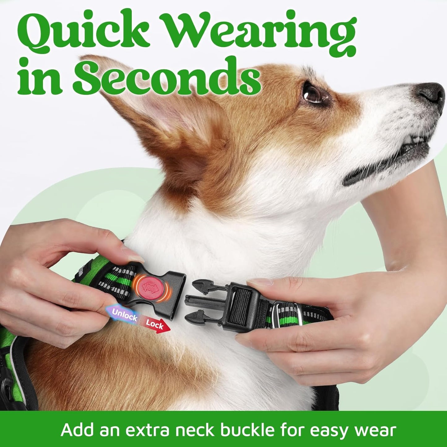 rabbitgoo Dog Harness Medium Sized, No Pull Dog Vest with 3 Buckles, Adjustable Soft Padded Pet Harness with Easy Control Handle and Reflective Strips, Green, M
