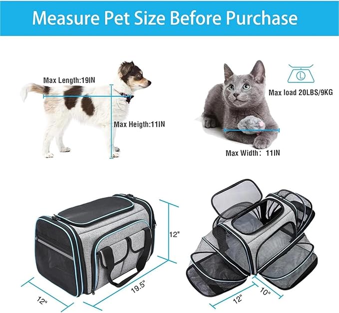Airline-Approved Expandable Pet Carrier for Small Dogs & Cats, Soft-Sided Collapsible Travel Bag with 4-Way Access(White,Large)