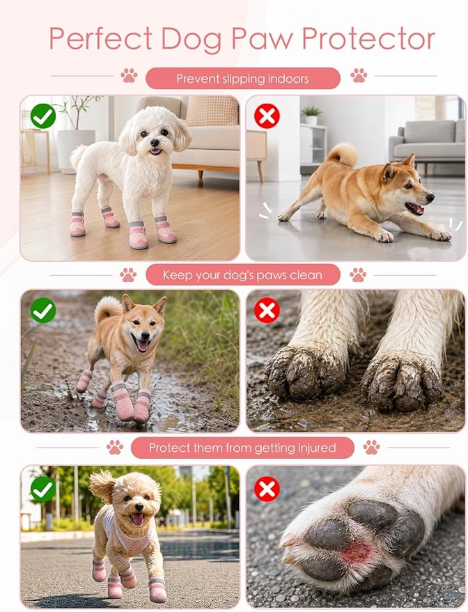BECEMURU Dog Shoes for Summer, Double-Straps Anti-Slip Dog Boots & Paw Protectors for Hot Pavement, Breathable & Light Weight Outdoor Walking Hiking Pink Size 5