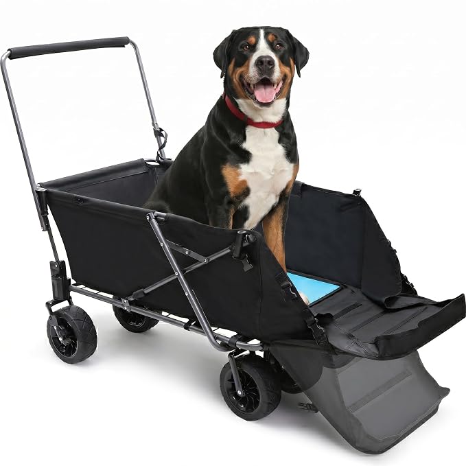 REDCAMP Folding Dog Wagon for Large Dogs, 150lbs Dog Stroller with 6 Wheels | Collapsible Utility Cart with 17.3" Extendable Ramp for 2 Medium Dogs, 6 All-Terrain Wheels with Brake for Senior Pet, Black