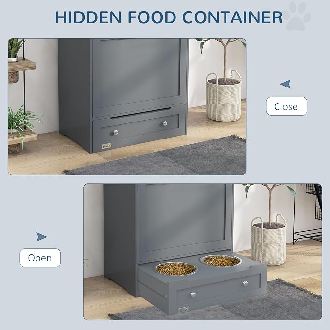 PawHut Dog Feeding Station with Raised Bowls, Pet Feeder Station, Gray | Dog Food Storage Cabinet, Hanger for Feeding & Watering Supplies