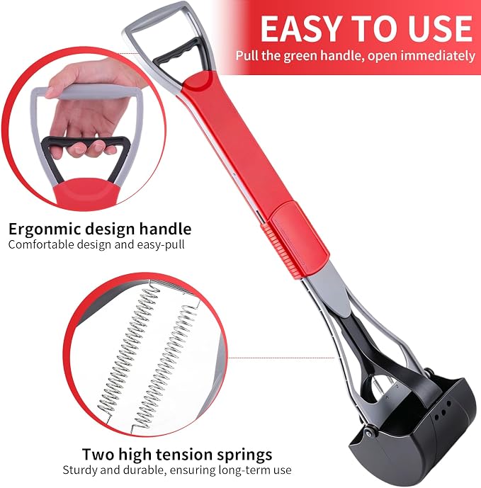 ienjoyed 36“ Largest Dog Pooper Scooper for Large Dogs Heavy Duty, Non-Breakable Dog Poop Scooper with Wide Handle for Grass, Gravel, Huge Dog Poop Pick Up Tool, Long Handled Poop Grabber, Red