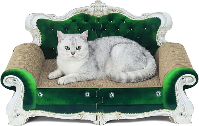 Luxury Cardboard Cat Scratcher Sofa Bed, Couch Shaped Cat Scratching Board, Cat Scratch Lounge with Catnip, Cat Scratcher for Indoor Cats (Green Crown)