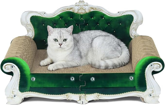 Luxury Cardboard Cat Scratcher Sofa Bed, Couch Shaped Cat Scratching Board, Cat Scratch Lounge with Catnip, Cat Scratcher for Indoor Cats (Green Crown)