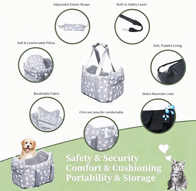 Center Console Dog Car Seat for Small Dogs 5-15 lbs, Gray | Portable Puppy Armrest Booster with Anti-Collapse Support, Washable Fluffy Cushion and Pillow,