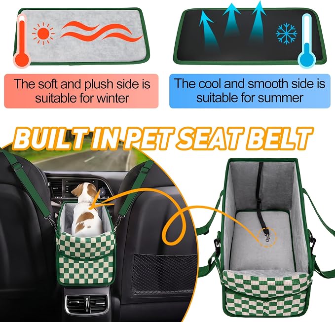 Console Dog Car Seat for Small Dogs, Foldable Booster Seat, Green Checkered | Portable Booster Seat Sits On Car Console/ Armrest. Foldable for Easy Storage. for Center Console, Easy To Clean.