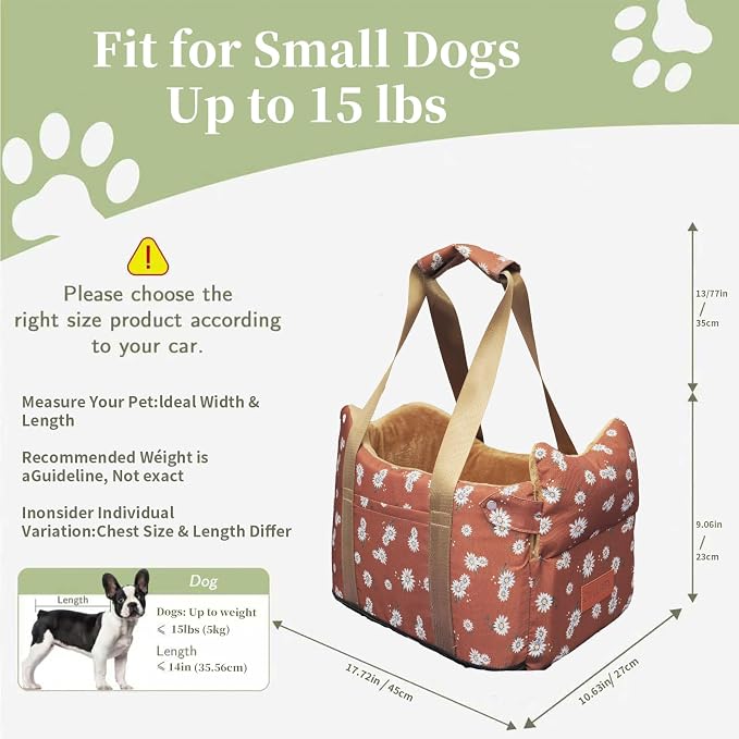 Center Console Dog Car Seat for Small Dogs 1 to 15 lbs,Cofe Color | Pet Travel Booster Seat with Safety Leash, Detachable Seat Belt,Storage Pockets