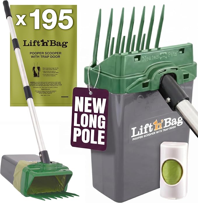 Neater Pet Brands Lift N’ Bag 2.0 Dog Pooper Scooper with Bag Attachment & 31" Pole for Small to Large Dogs, New Longer Pole, 195 Refill Bags, Heavy Duty Dog Poop Scooper for Yard, One-Hand Use