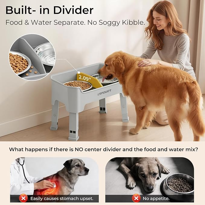URPOWER Mess Proof Elevated Dog Bowls, Splash Guard Raised Bowl Stand | 4 Adjustable Heights, 2 Stainless Steel Bowls, Food & Water Separation, Foldable Design Non-Slip for Small Medium Large Dogs