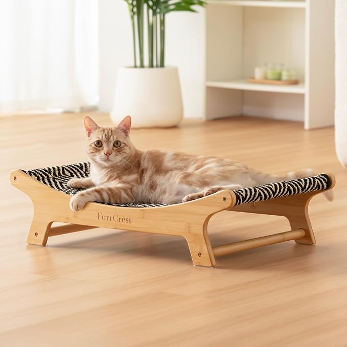 XL Sisal Cat Scratcher Bed with Elevated Hammock for Indoor Cats, Replaceable Natural Sisal Pad, Large Cat Lounge, Anti-Slip No-Wobble Bamboo Frame, Black & White Diamond.