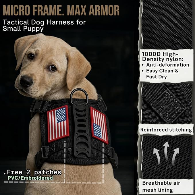 Tactical Dog Harness for Small Puppy, Escape Proof No Pull Military Dog Vest with Vertical Handle, Adjustable XS Puppy Harness with Chest Support Pad, Breathable Mesh, 2 Patches, Black