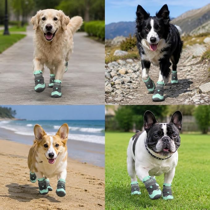 SlowTon Dog Shoes for Large Small Medium Dogs - Breathable Dog Boots for Summer Hot Pavement, Paw Protector for Outdoor Walking Winter Snow, Anti-Slip Rubber Dog Booties for Hardwood Floor (Green, 4)