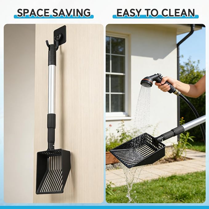 Cat Litter Scoop, Deep Shovel with Metal Long Handle, 21"-39.5" Telescopic & Adjustable Heavy Duty Fast Sifting Shovel Kitty Litter Scooper for Sifting Cats Litter