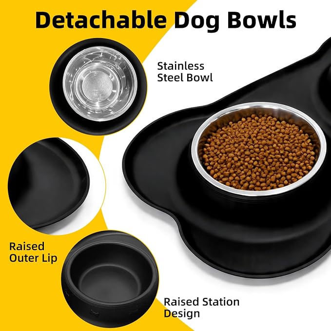 Double Stainless Steel Dog Bowls with Non-Slip Silicone Mat, Extra Small Puppy Food and Water Bowl Set, Spill Proof & Dishwasher Safe Pet Feeding Bowls for Small Dogs and Cats Under 8 lbs,BL (Black)