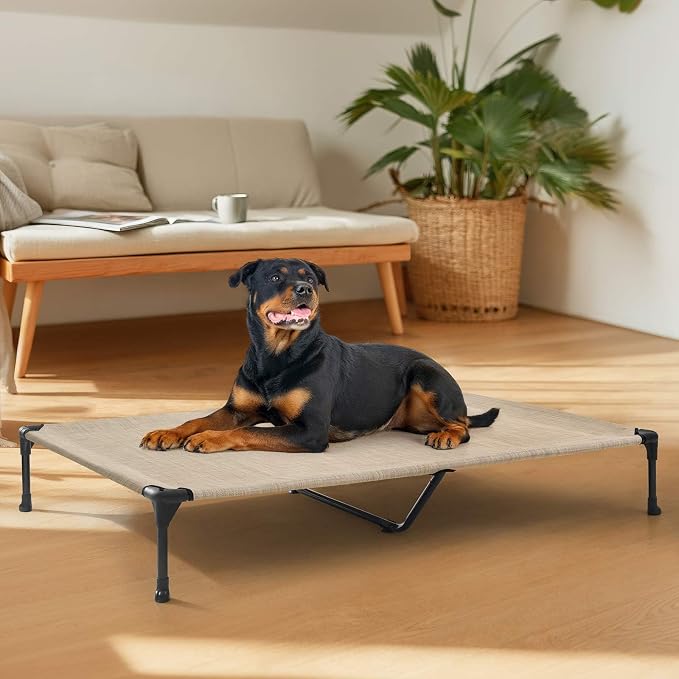 Veehoo Outdoor Elevated Dog Bed Large Sized Dogs, Cooling Raised Dog Cots | Off-ground training platform, portable camping hammock, breathable mesh, easy to clean, no-tool setup, 53"x37", Beige Coffee