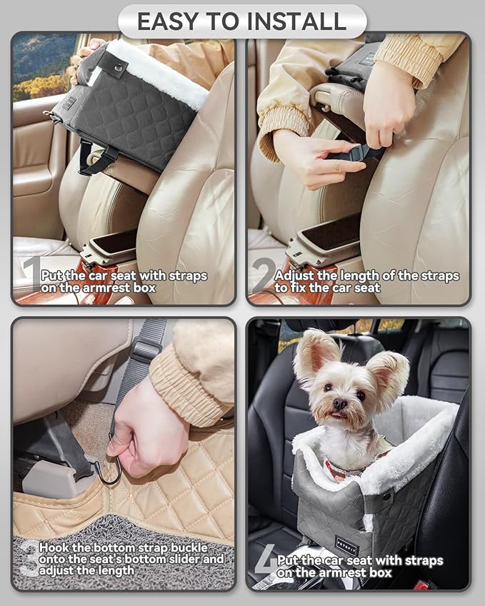 PETSFIT Center Console Dog Car Seat with Adjustable Seat-Rail Anchor Hooks | Anti-Collapse Armrest Booster Car Seat with Safety Tether, Washable Cushion, Soft Pillow for Pets Under 8 lbs, Grey