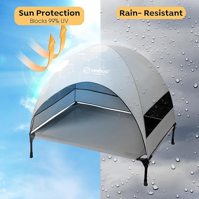 Veehoo Outdoor Dog Bed with Canopy, Cooling Elevated Dog Shade for Outside | Portable Raised Dog Cot with Removable Shade, Sun Protection Dog Tent Outdoor for Camping, Beach, 42" x 34.5", Grey